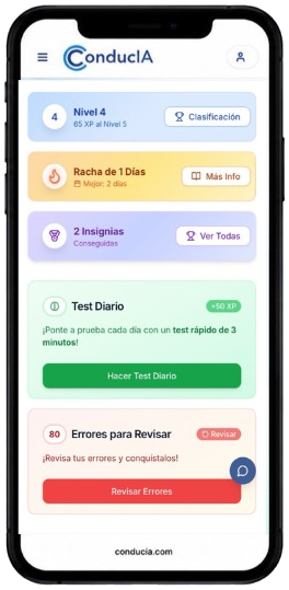 Panel gamificado con niveles, rachas y test diario en ConducIA